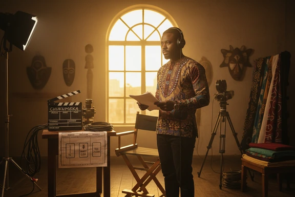 Nollywood-style indie film set with clapperboard, director chair and warm golden lighting