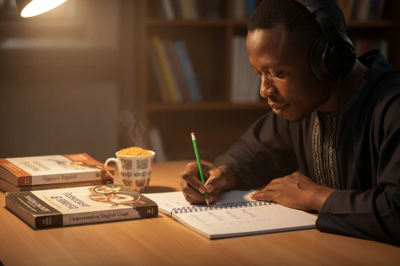 Student desk with Nigerian English pronunciation notes, headphones and an open textbook