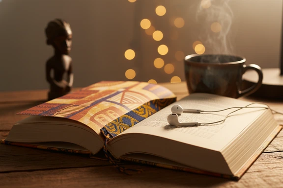 Open African literature paperback with earbuds, a steaming cup of tea and a soft reading lamp