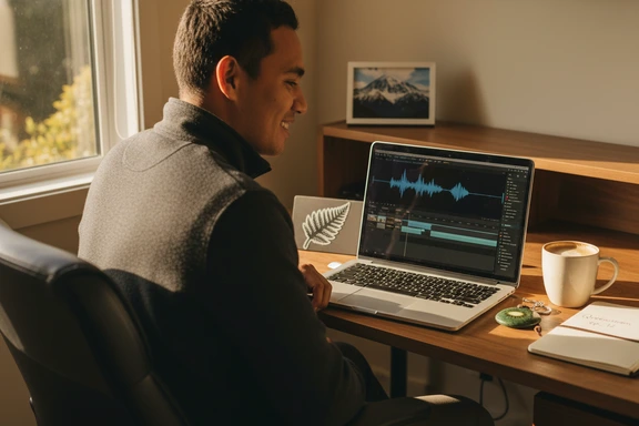 Home studio desk with travel notes, fern motif and voiceover waveform on a laptop