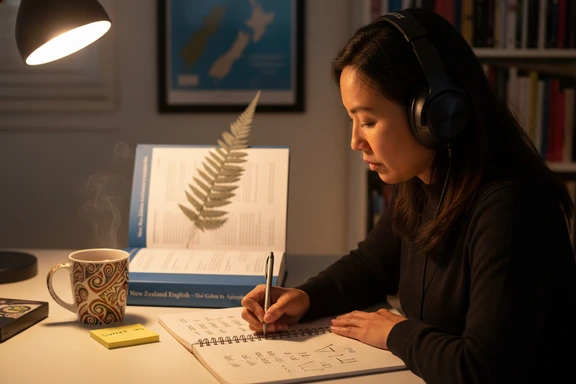 Student desk with phonetic notes on the New Zealand vowel shift and a Kiwi English textbook