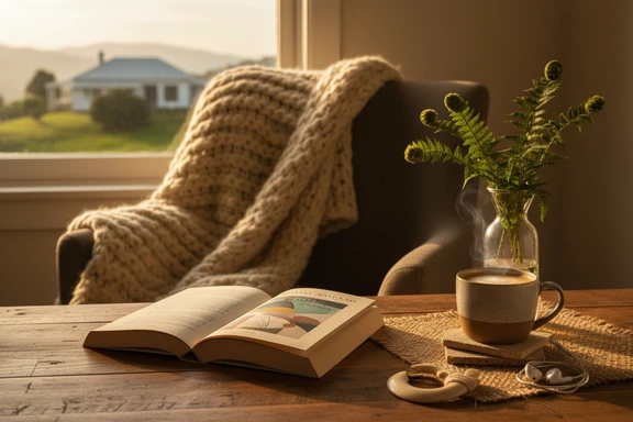 Open paperback novel with earbuds, steaming flat white and a soft reading lamp on a wooden desk