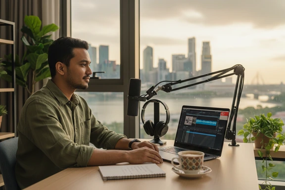 Home studio desk with Singapore skyline through window, waveform on laptop and a cup of kopi