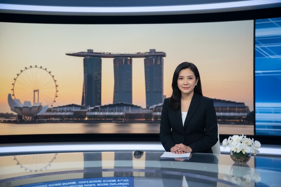 News studio desk with Singapore skyline LED wall and teleprompter showing a morning bulletin