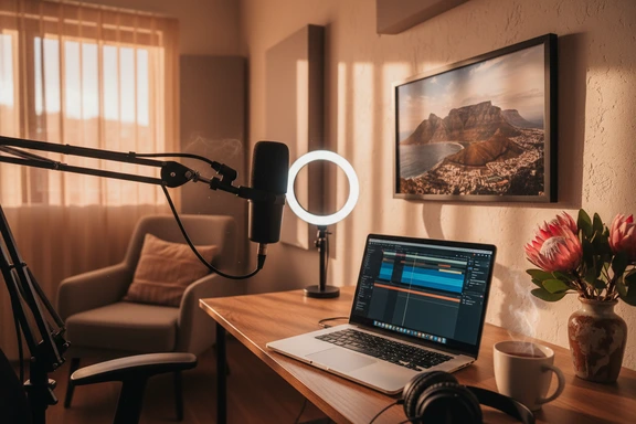 Home studio desk with podcast microphone, laptop showing waveform and Table Mountain photo on the wall