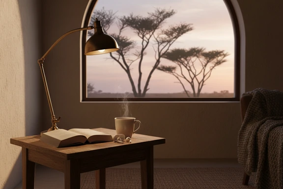 Open paperback novel on a wooden table, rooibos mug, earbuds, and window view of acacia trees