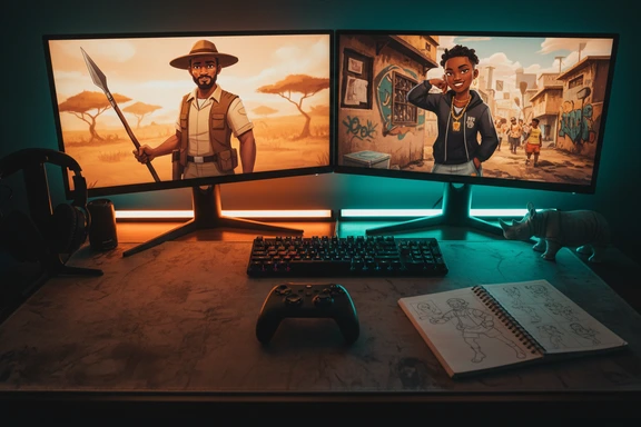 Indie gaming desk with controller, safari ranger character concept art on screen and small rhino figurine