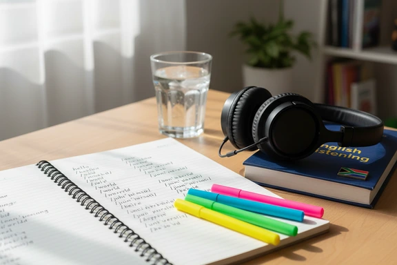 Student desk with English phonetic notes, headphones and a small South African flag pin