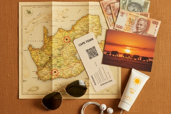 Flat-lay voyage avec carte d&rsquo;Afrique du Sud, carte d&rsquo;embarquement pour Cape Town et carte postale de safari