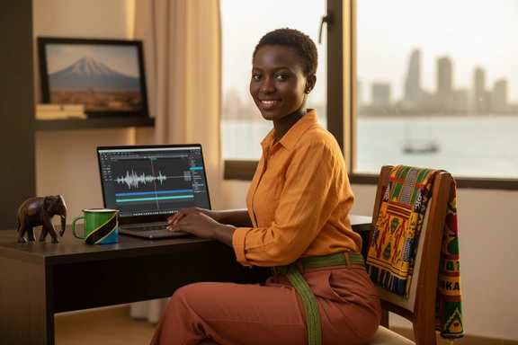 Home studio desk in Dar es Salaam with Tanzanian flag mug, video editing timeline and voiceover waveform on laptop