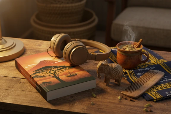 Open paperback novel by a Tanzanian author with earphones, a steaming cup of chai masala and a small wooden Makonde carving