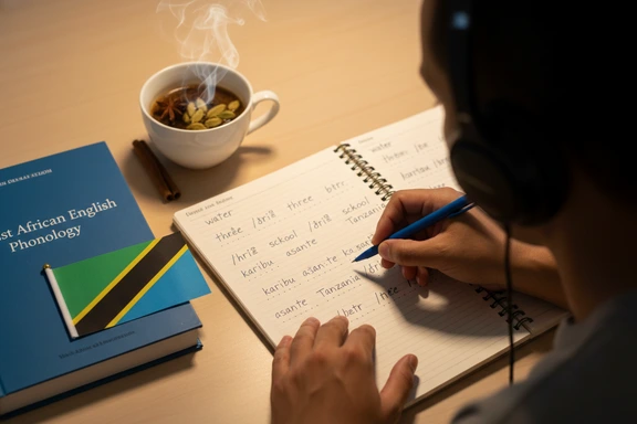 Student desk with phonetic notes on Tanzanian English vowels and a textbook on East African Englishes