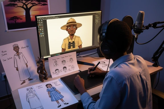 Animation studio desk with character sketches of East African safari and coastal characters, headphones and a microphone