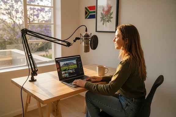 Young Afrikaans creator in a Stellenbosch home studio recording a voiceover for a South African travel YouTube video
