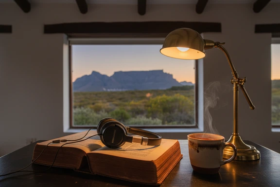 Open Afrikaans novel with headphones on a dark wooden table in warm reading lamp light, fynbos landscape visible through a window