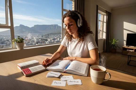 Language student practicing Afrikaans pronunciation with headphones, flashcards with diphthong words and a notebook of phonetic notes
