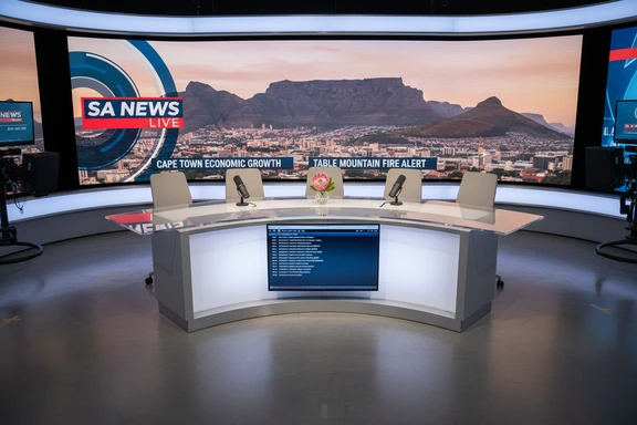Modern South African news studio desk with a professional microphone and a background screen showing Cape Town cityscape