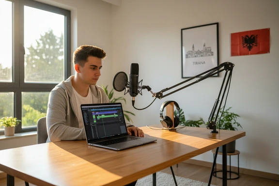 Junger albanischer Creator im Homestudio mit Mikrofon und Tirana-Skyline-Poster