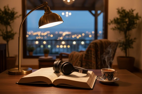 Open Albanian novel with headphones on a wooden table in warm evening lamp light with Tirana in background