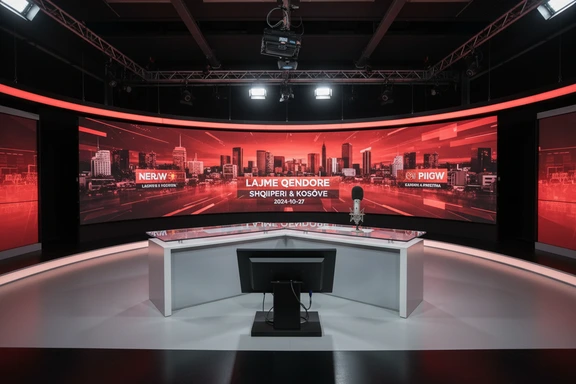 Modern news studio desk with microphone and a screen showing Albanian news graphics