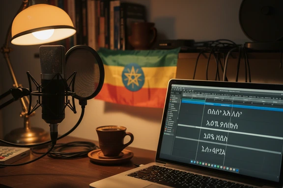 Home studio with Ethiopian flag and microphone, Amharic script on monitor