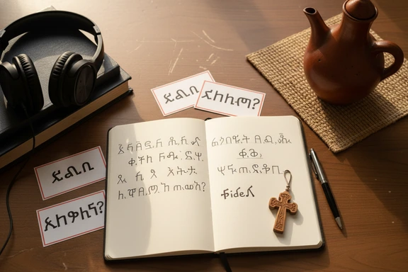 Study desk with Amharic Fidel script flashcards and headphones