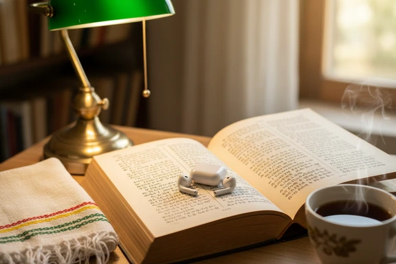 Open book with Amharic script and wireless earbuds on wooden table