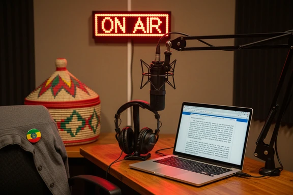 Community radio microphone with on-air sign and Amharic text on screen