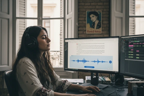 إعلان وإذاعة لبنانية — استوديو بث بيروتي مع كورنيش المنارة وصخرة الروشة