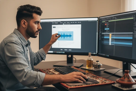 صناعة محتوى وتعليق صوتي مغربي — طاولة منتج مع طاجين وشاي بالنعناع