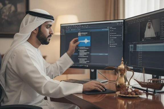 Doha media & broadcast narration — Al Jazeera-style studio with West Bay skyline