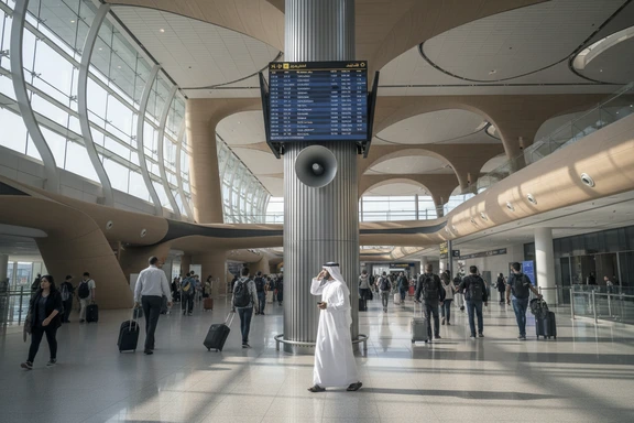 Qatar Airways & corporate communications — cabin interior with Doha skyline