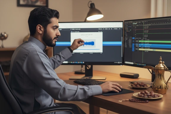 صناعة المحتوى السعودي — استوديو بودكاست على خلفية أفق الرياض