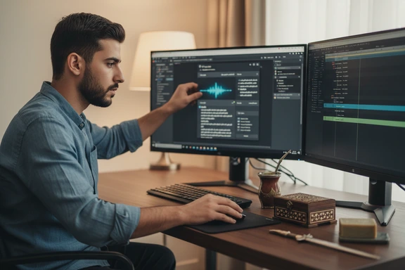 محتوى الجالية السورية — استوديو بودكاست بميكروفون وسمّاعات مع عناصر مطبخ شامي