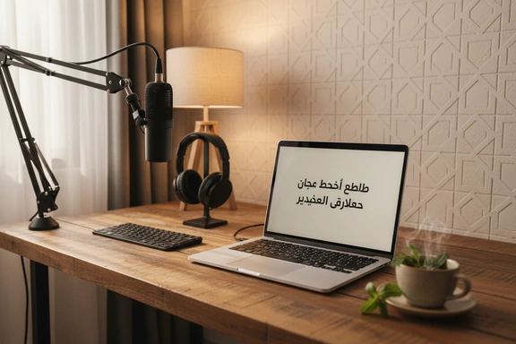 Arabic content creation studio with microphone and laptop