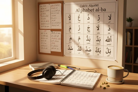 Arabic alphabet study desk with notebooks and flashcards