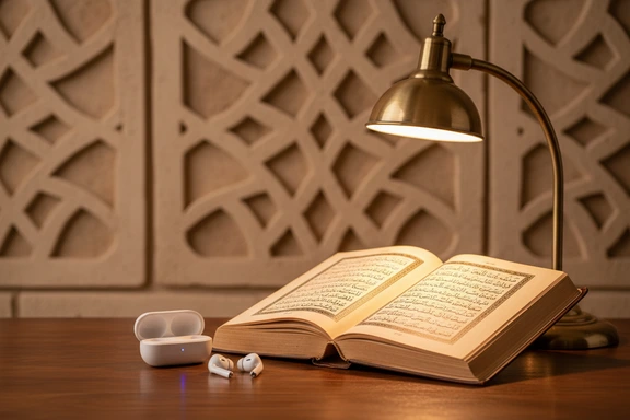 Mesa con libro árabe abierto y auriculares