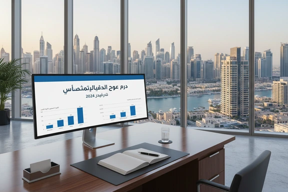 Modern business office with Arabic presentation on screen