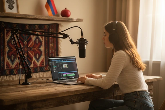 Armenian content creator recording a voiceover in a home studio decorated with traditional motifs