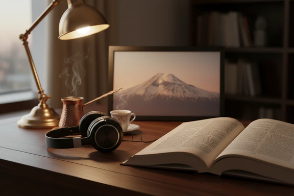 Open Armenian hardcover book with headphones on a wooden desk with warm lamp light