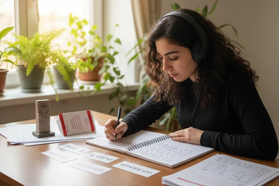 Language student practicing Armenian alphabet with headphones and a notebook of letter drills