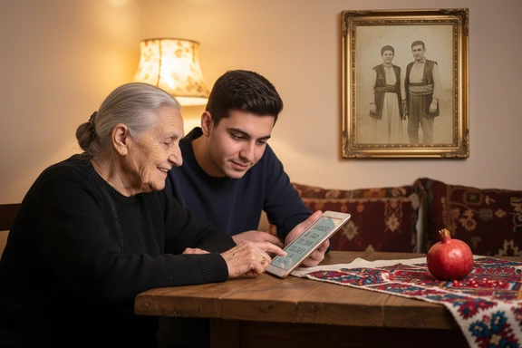 Diaspora family listening together to an Armenian letter playback on a tablet with grandfather's old photo