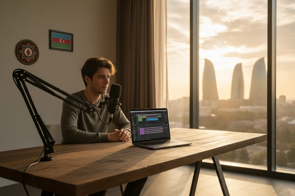 Azerbaijani creator in home studio recording a voiceover with Baku skyline visible through the window