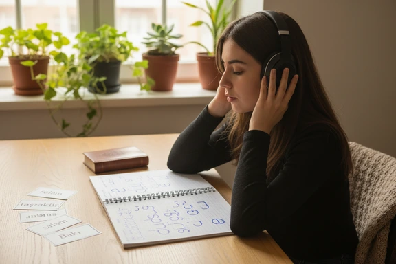Language student practicing Azerbaijani pronunciation with headphones and a notebook of phonetic notes