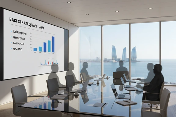 Modern Baku business meeting room with a presentation on a large screen and Caspian skyline visible