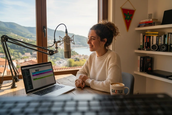 Creador de contenido vasco en un estudio casero en Donostia grabando un podcast con montañas al fondo