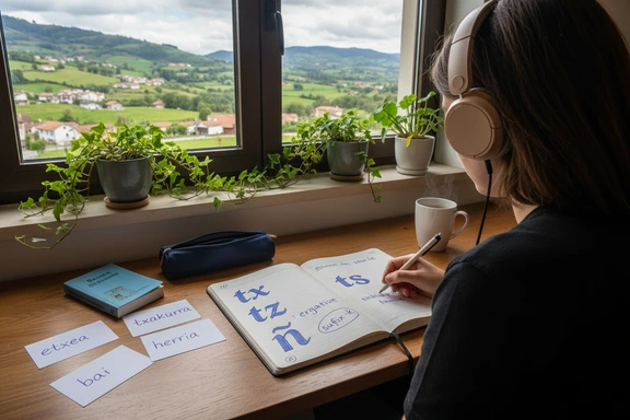 Estudiante practicando pronunciación vasca con auriculares, cuaderno con notas fonéticas y tarjetas
