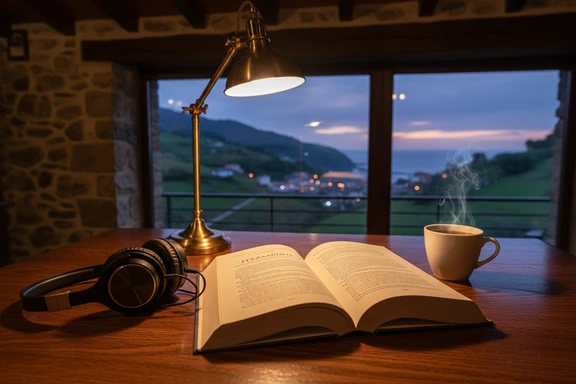 Novela vasca abierta con auriculares modernos y café sobre una mesa de madera con luz cálida