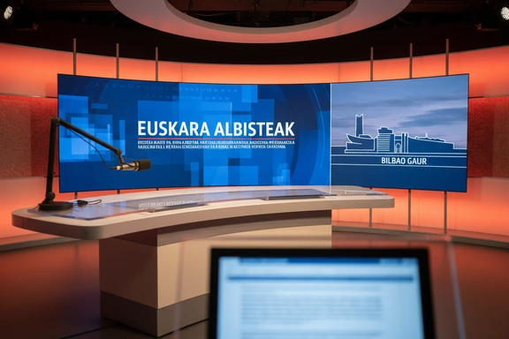 Plató de televisión moderno con mesa de presentador, micrófono profesional y gráficos de noticias vascas