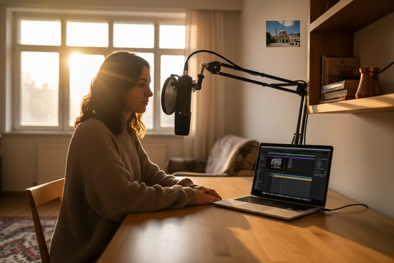 Young Bosnian creator in a home studio with microphone and a view of Sarajevo old town